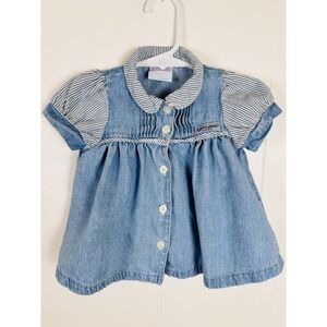 VTG 90s Guess Denim Baby Dress 0-3mo with Railroad Stripes Light Blue USA